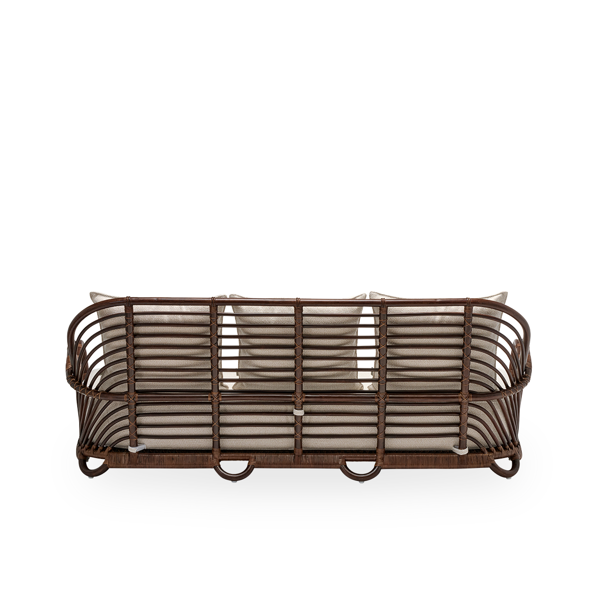 Plain back view of the Charlottenborg 3-seater sofa with seat and back cushions, in brown rattan. Originally designed by Arne Jacobsen in 1936, its gracefully curved backrest flows seamlessly into the armrests. Handcrafted in rattan.
