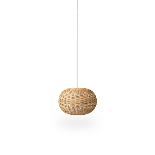 Tangelo rattan lampshade designed by Darcy Clarke, size Small, Ø37 cm. Handcrafted in rattan with an inner steel frame giving it a good weight and stability.