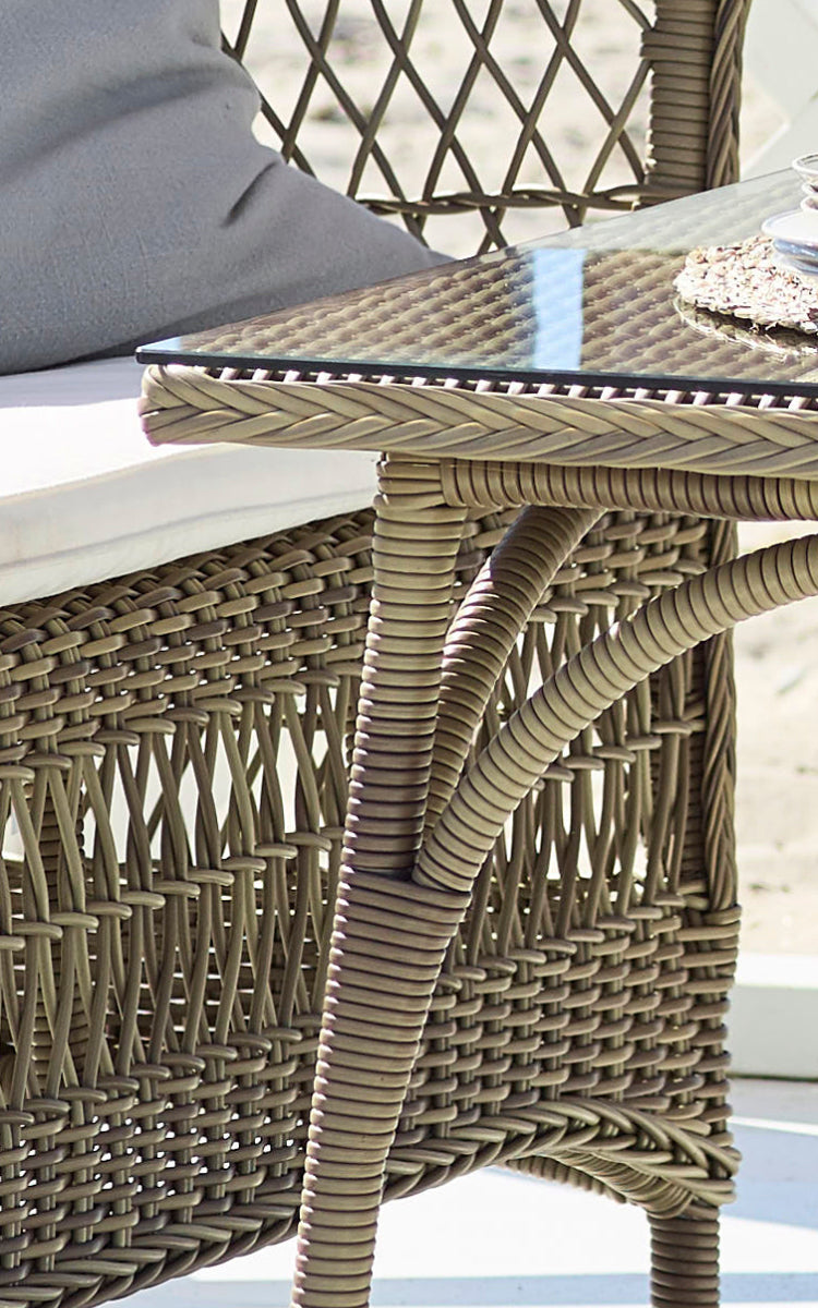 This is a close-up image of Victoria Exterior Coffee Table 100x60 cm in antique grey artfibre aluminium.