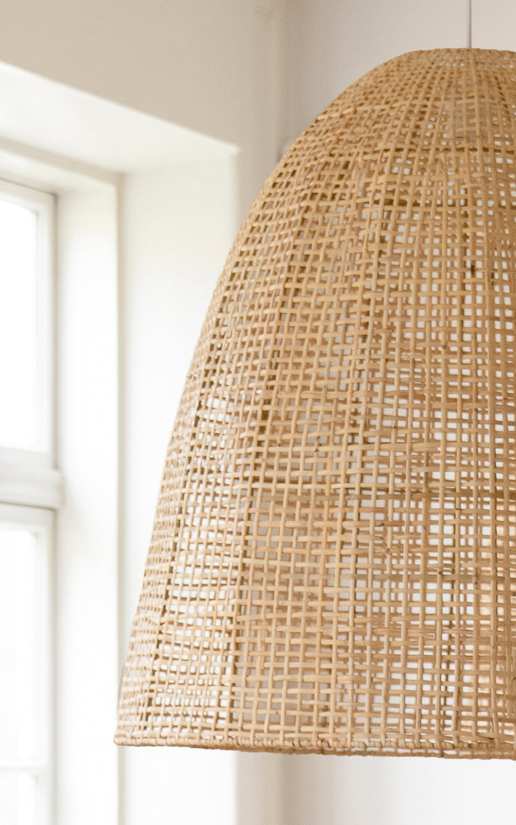 This is a close-up image of Showroom Lampshade in natural core weave artfibre & aluminium. The open grid weave creates a warm, airy silhouette.