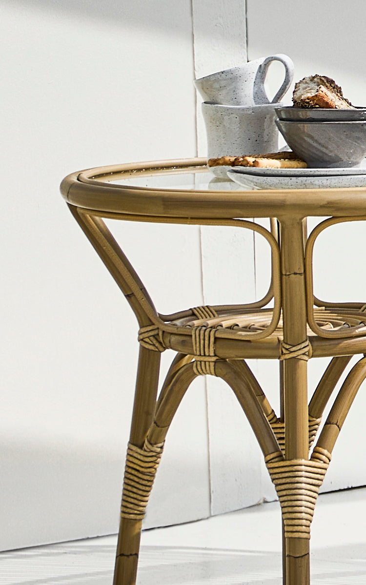This is a close-up image of Tony Exterior Side Table in antique aluminium artfibre. Detail of the ArtFibre wrapped top and legs.