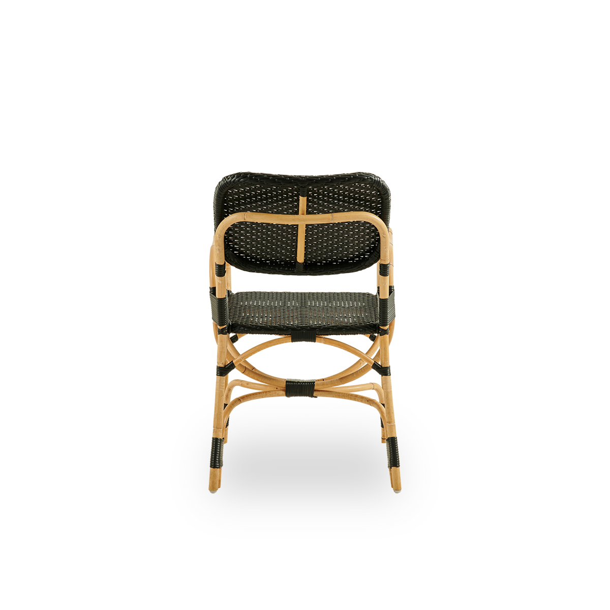 Plain back view of Bistro chair in black ArtFibre weave with elegant design. Rattan frame with seat woven in ArtFibre. The curved Rattan frame under the seat extend into armrests.