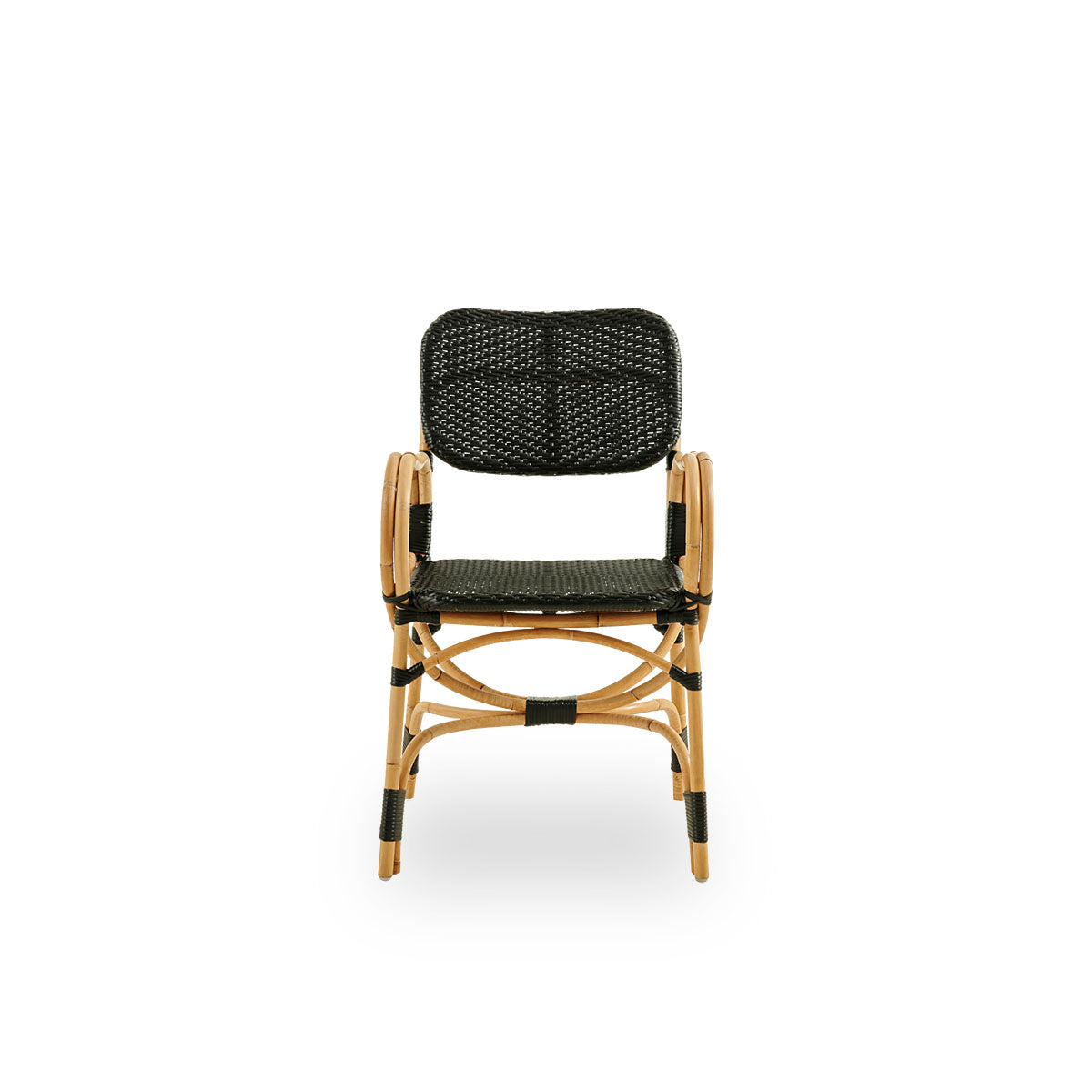 Front view of Bistro chair in black ArtFibre weave with elegant design. Rattan frame with seat woven in ArtFibre. The curved rattan frame under the seat extends into armrests.