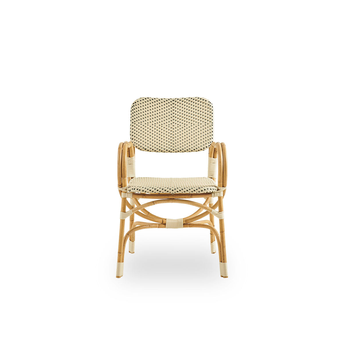 Front view of Bistro chair in Ivory ArtFibre weave with elegant design. Rattan frame with seat woven in ArtFibre. The curved rattan frame under the seat extends into armrests.