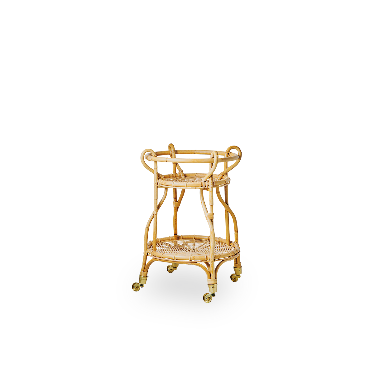 Side view of Fratellino rattan trolley in natural color, designed by Franco Albini & Franca Helg. Elegant wicker trolley with curved shapes and detailed weavings handcrafted from high-quality Indonesian rattan.