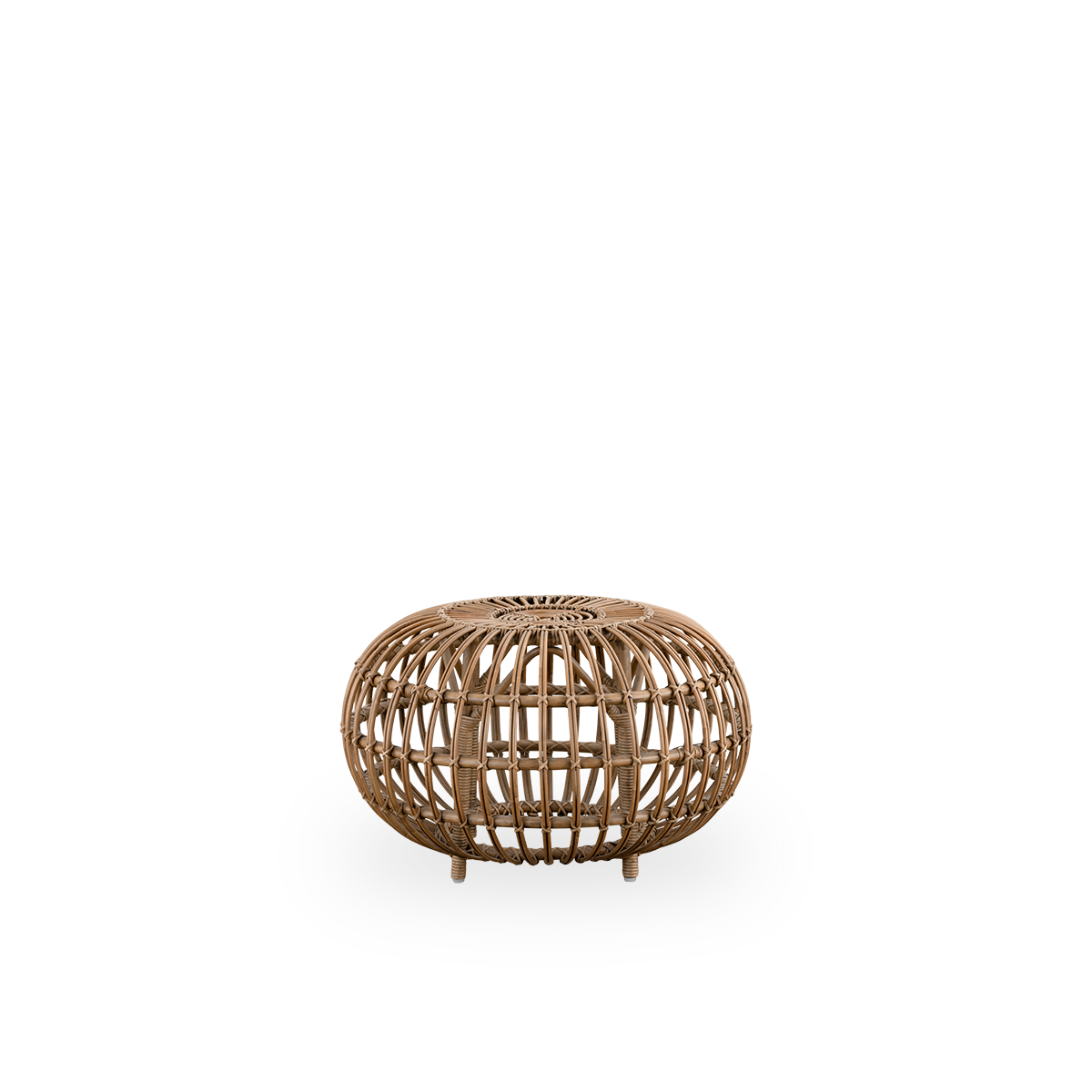 Side view of Large Ottoman Ø65 cm designed by Franco Albini & Franca Helg. Handcrafted in high quality rattan in Antique brown color.