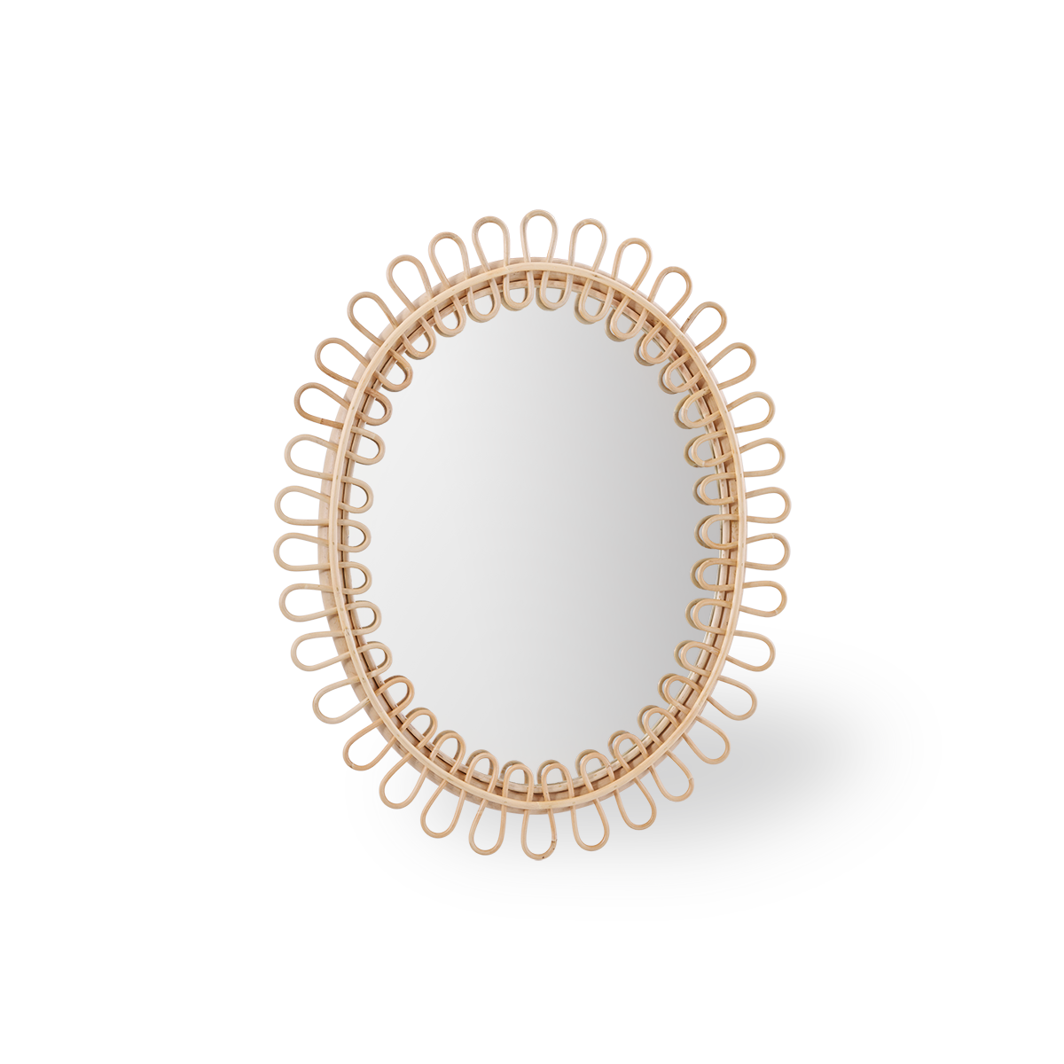 Luella mirror designed by Franco Albini & Franca Helg. Frame made from high-quality rattan with curved geometric pattern made from thinner rattan poles on the frame.