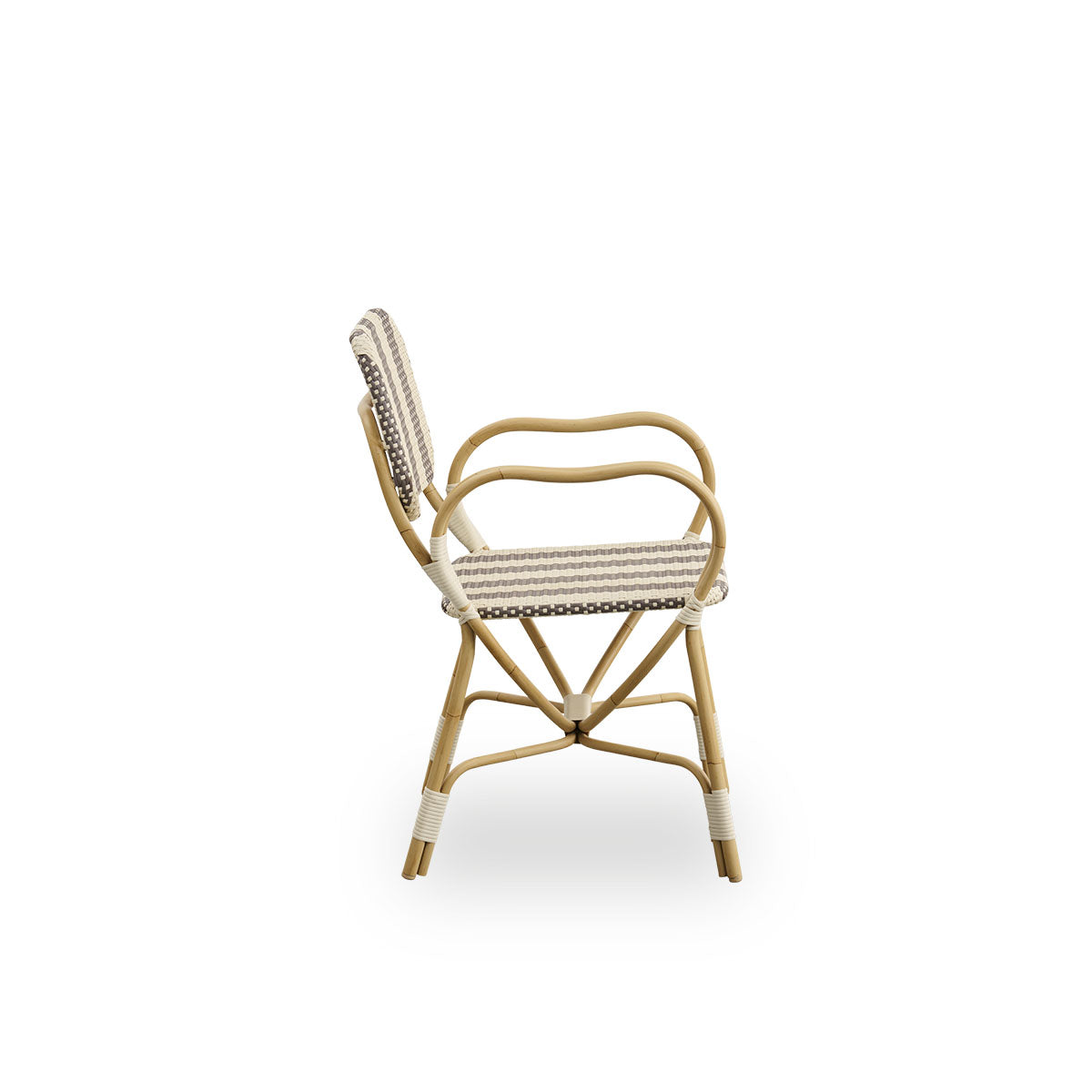 Plain side view of Bistro exterior chair designed by Franco Albini and Franca Helg. Aluminium frame in rattan look with fully woven seat and backrest in broad striped brown and ivory ArtFibre pattern.