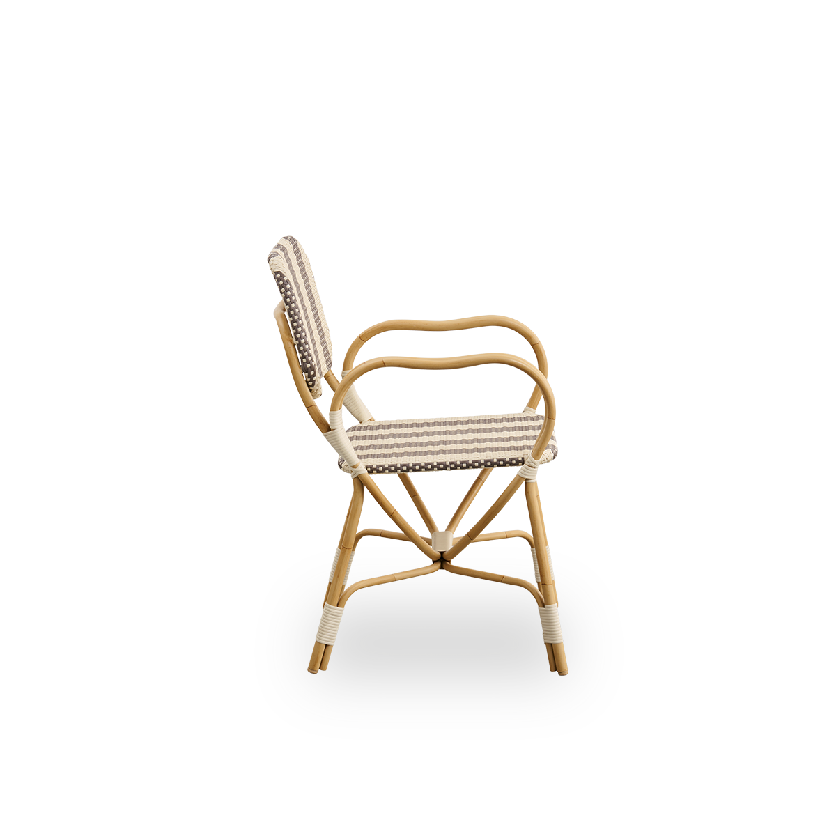 Plain side view of Bistro exterior chair designed by Franco Albini and Franca Helg. Aluminium frame in rattan look with fully woven seat and backrest in broad striped brown and ivory ArtFibre pattern.