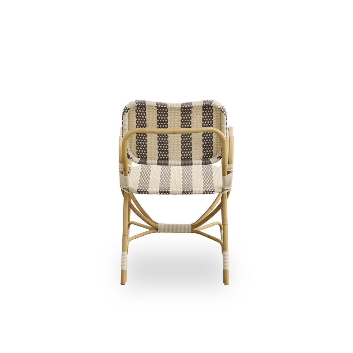 Plain back view of Bistro exterior chair designed by Franco Albini and Franca Helg. Aluminium frame in rattan look with fully woven seat and backrest in broad striped brown and ivory ArtFibre pattern.