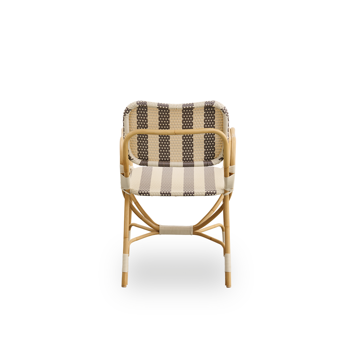Plain back view of Bistro exterior chair designed by Franco Albini and Franca Helg. Aluminium frame in rattan look with fully woven seat and backrest in broad striped brown and ivory ArtFibre pattern.