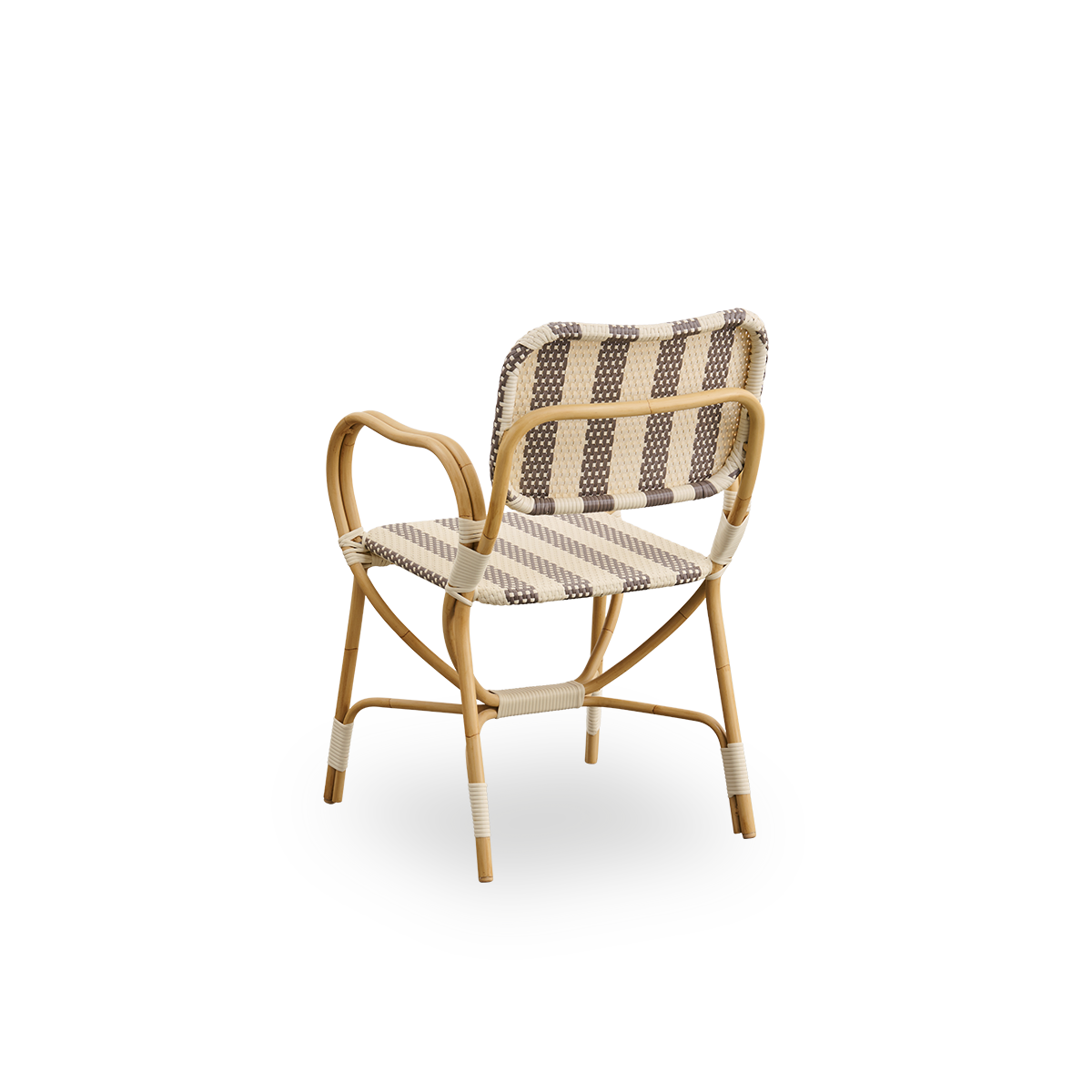 Back side view of Bistro Exterior chair designed by Franco Albini and Franca Helg. Aluminium frame in rattan look with fully woven seat and backrest in broad striped brown and ivory ArtFibre pattern.