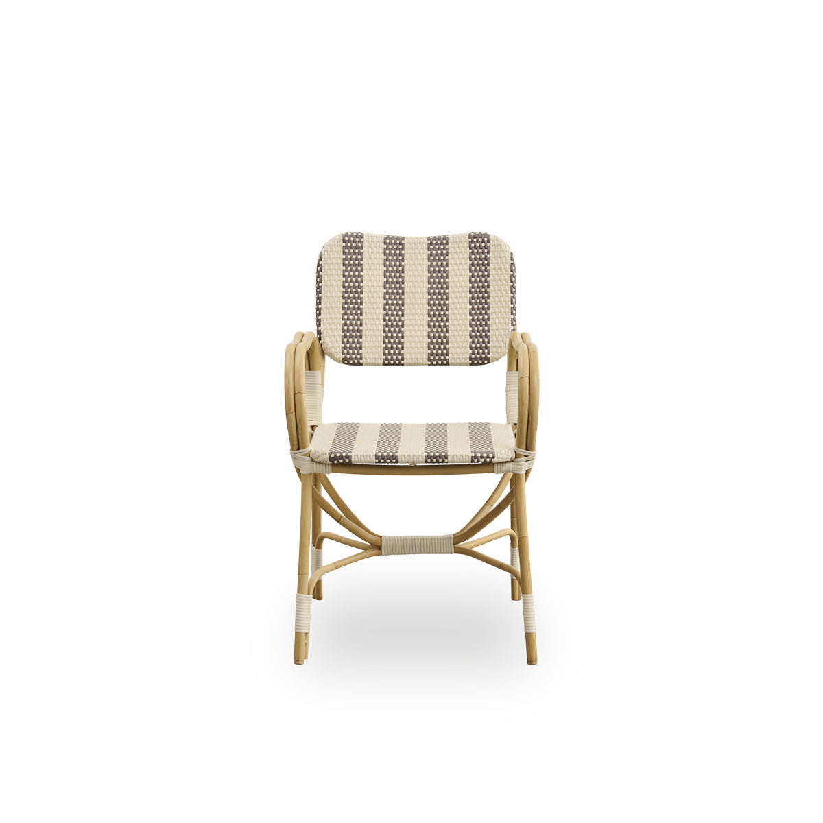 Front view of Bistro Exterior chair designed by Franco Albini and Franca Helg. Aluminium frame in rattan look with fully woven seat and backrest in a broad striped brown and ivory ArtFibre pattern.