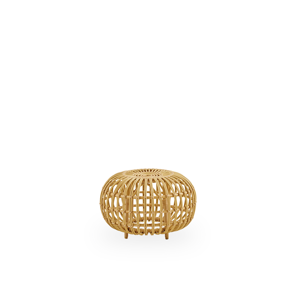 Side view of Small outdoor Ottoman Ø55 cm, designed by Franco Albini & Franca Helg. Round ottoman made with aluminium frame in rattan look with ArtFibre bindings.