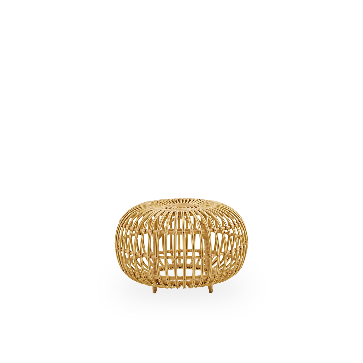 Side view of Large outdoor Ottoman Ø65 cm, designed by Franco Albini & Franca Helg. Round ottoman made with aluminium frame in rattan look with ArtFibre bindings.