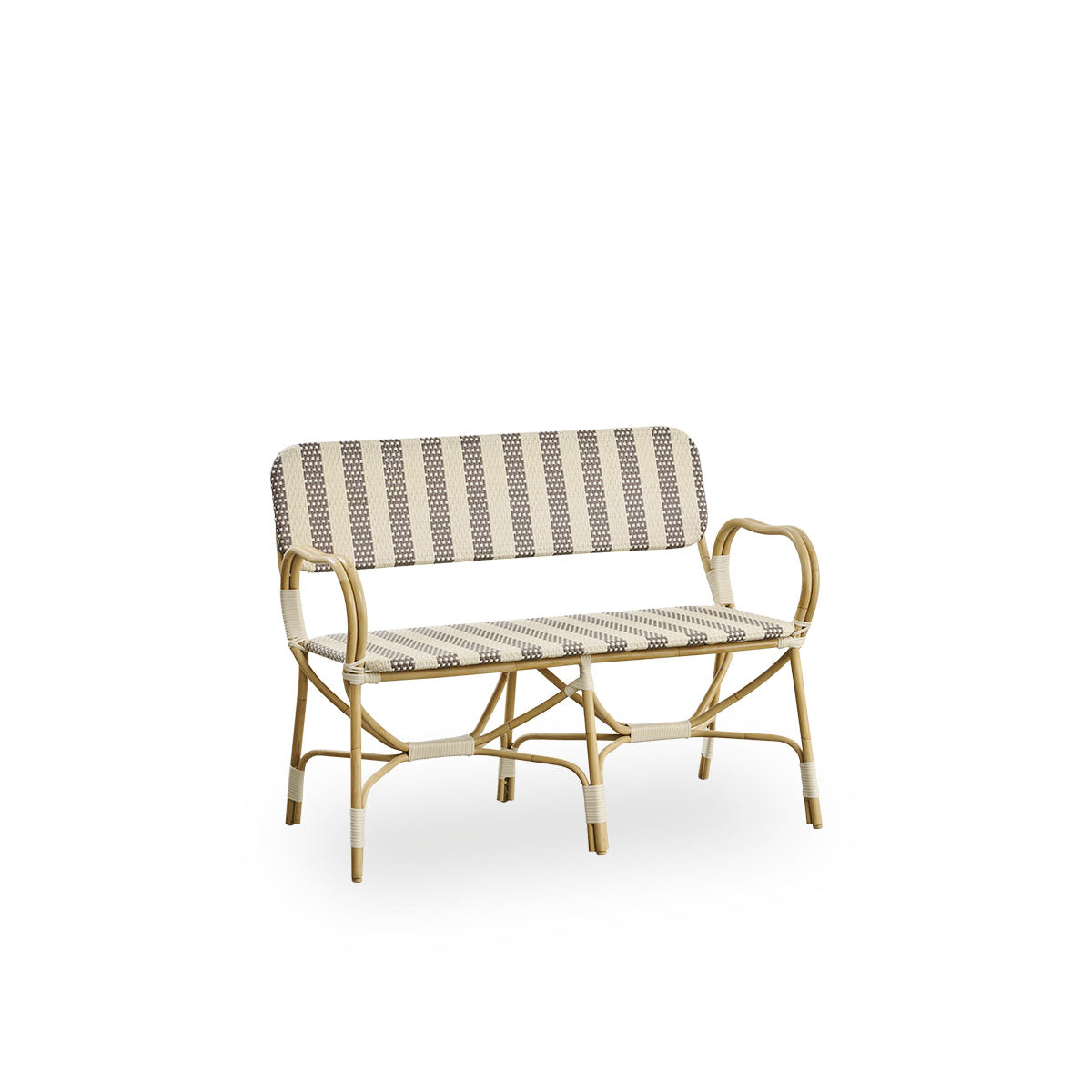 Side view of Bistro exterior bench designed by Franco Albini and Franca Helg. Aluminium frame in rattan look with fully woven seat and backrest in broad striped brown and ivory ArtFibre pattern.