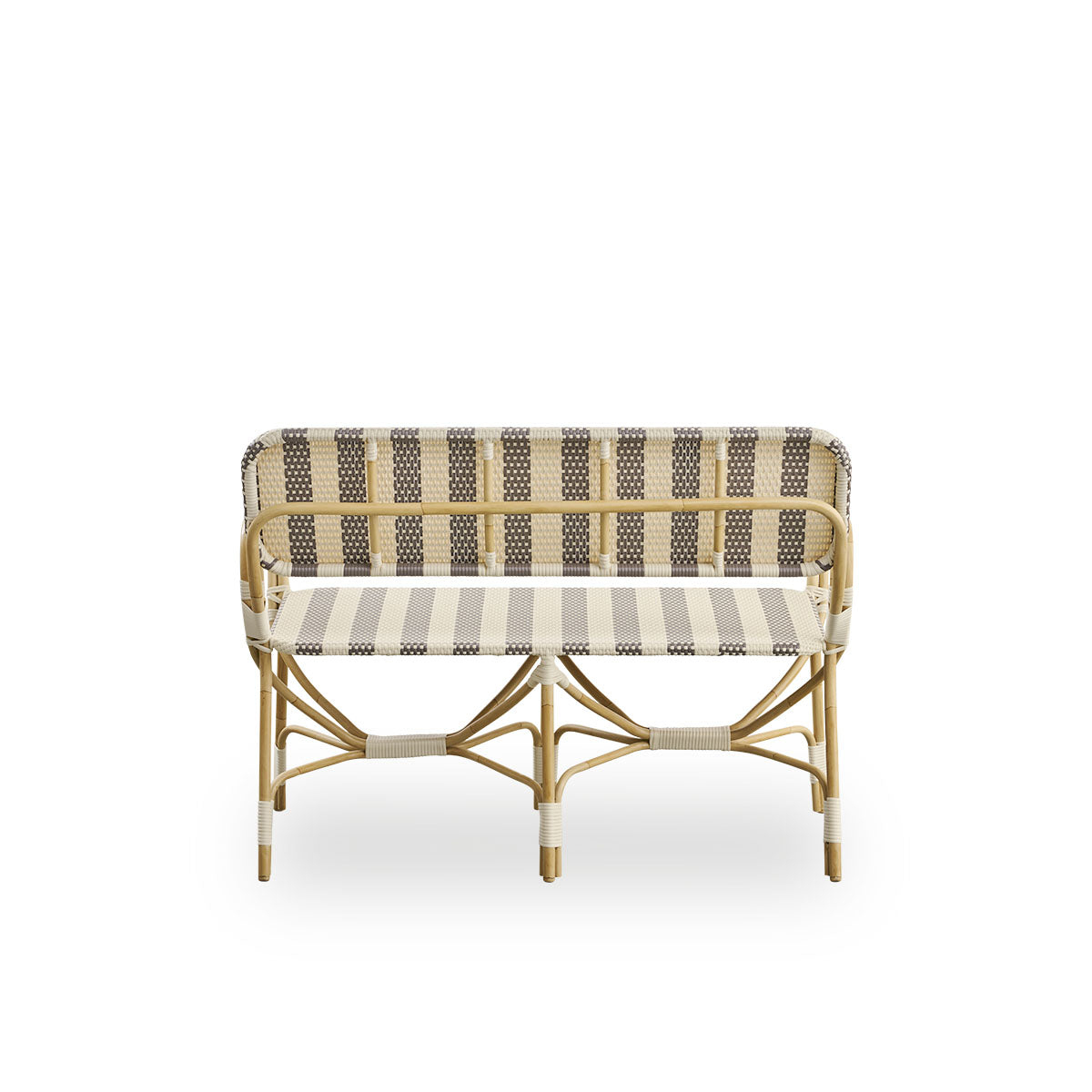 Plain back view of Bistro exterior bench designed by Franco Albini and Franca Helg. Aluminium frame in rattan look with fully woven seat and backrest in broad striped brown and ivory ArtFibre pattern.
