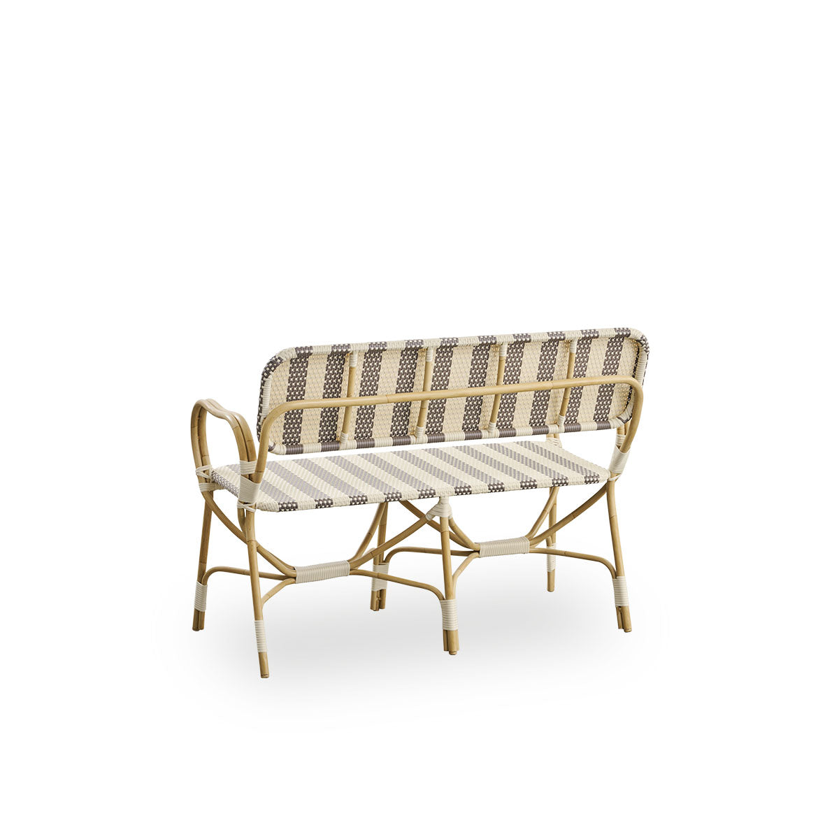Back side view of Bistro Exterior bench designed by Franco Albini and Franca Helg. Aluminium frame in rattan look with fully woven seat and backrest in broad striped brown and ivory ArtFibre pattern.