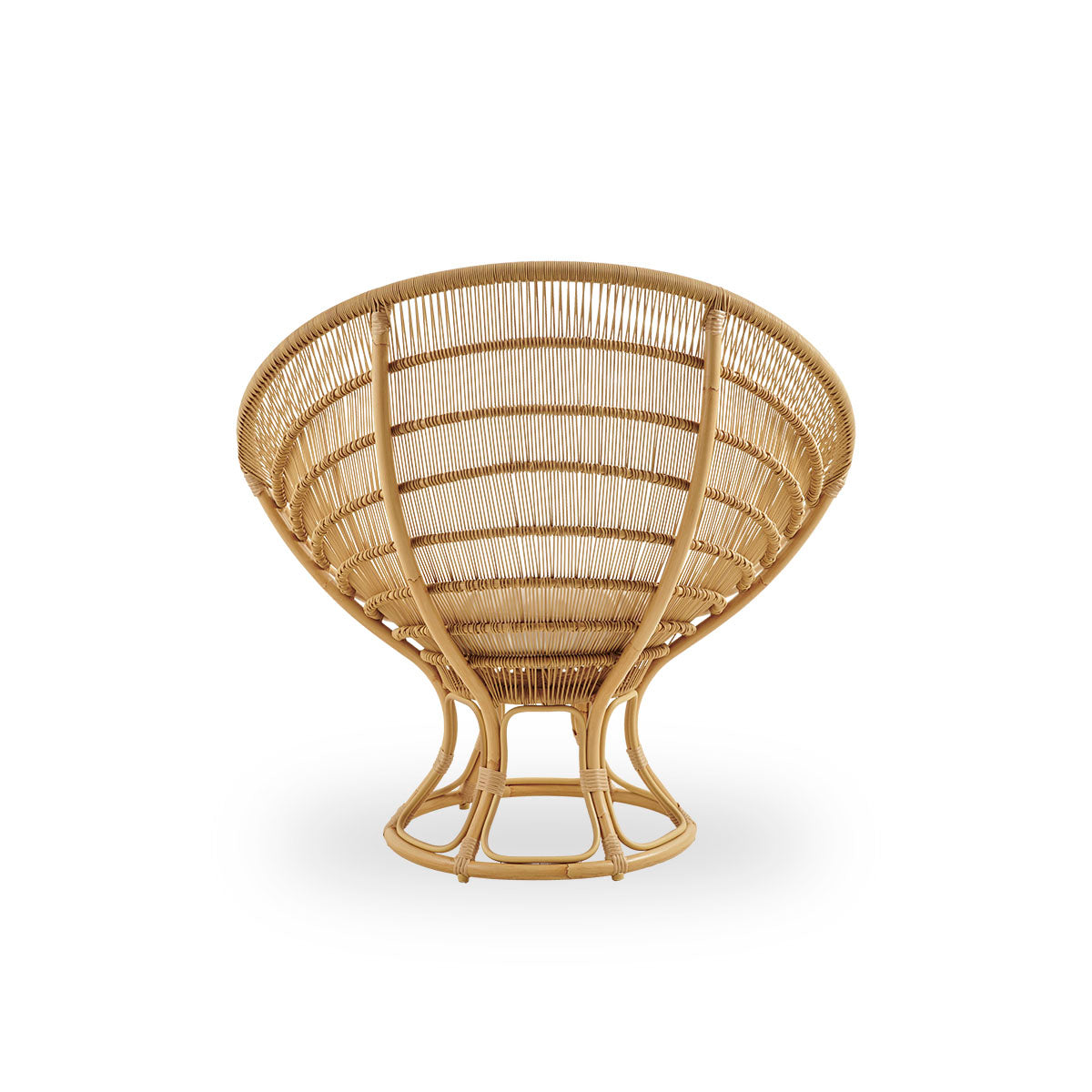 Plain back view of Luna Exterior lounge chair designed by Franco Albini & Franca Helg. Round outdoor lounge chair with aluminium frame in handpainted rattan look with ArtFibre windings.