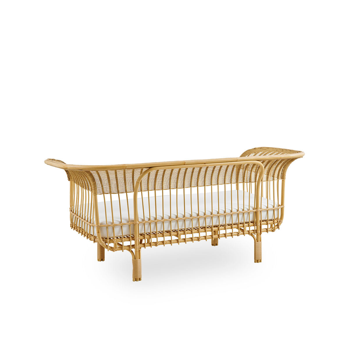 Plain back view of Belladonna outdoor sofa in rattan look, designed by Franco Albini and Franca Helg. The sofa has an elegant expression with thin legs and a majestic seat with many detailed ArtFibre windings on an aluminium frame.