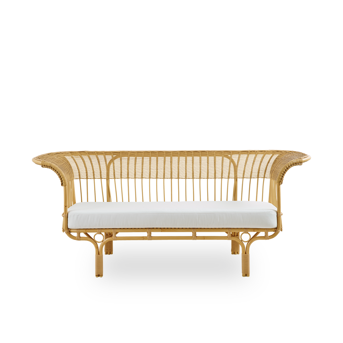 Front view of Belladonna outdoor sofa in rattan look, designed by Franco Albini and Franca Helg. The sofa has an elegant expression with thin legs and a majestic seat with many detailed ArtFibre windings on an aluminium frame.