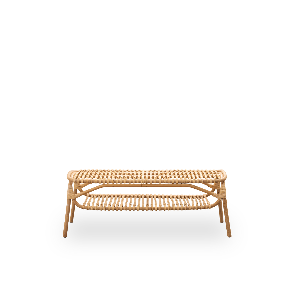 Front view of the Machiya bench designed by Jin Kuramoto, inspired by traditional Japanese Machiya townhouses.
Handcrafted from high-quality Indonesian rattan. Length 120 cm.