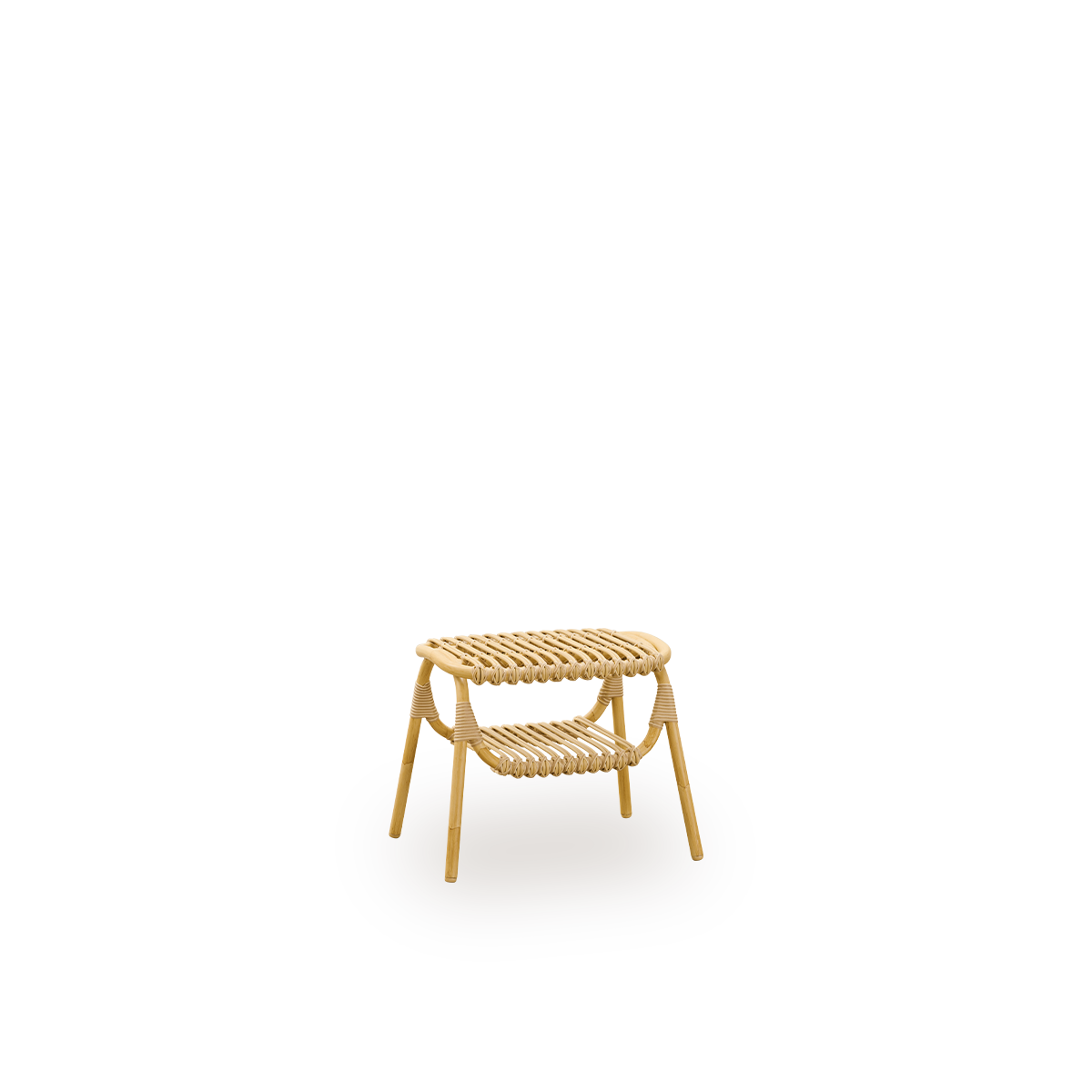 Side view of Machiya outdoor stool designed by Jin Kuramoto. Aluminium frame in handpainted rattan look with ArtFibre windings. Width 53 cm.