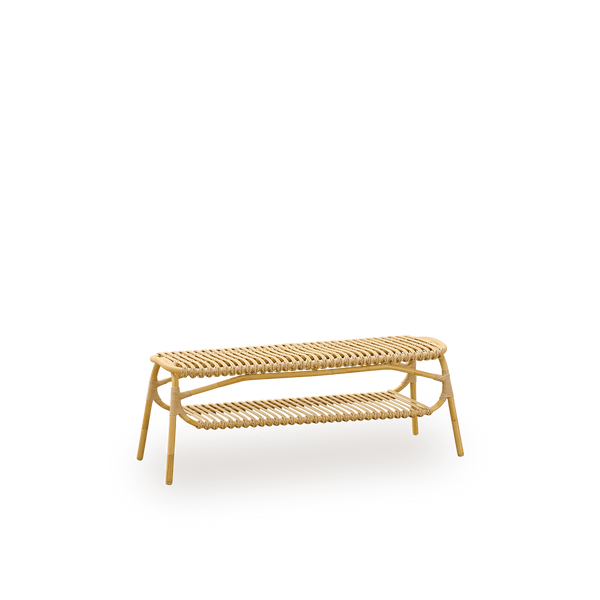 Side view of Machiya outdoor bench designed by Jin Kuramoto. Aluminium frame in handpainted rattan look with ArtFibre windings. Length 120 cm.