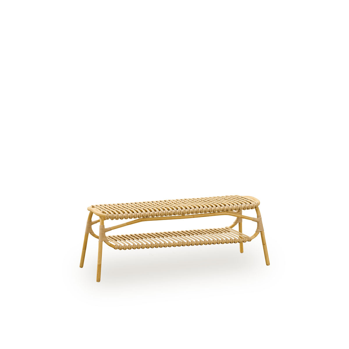 Side view of Machiya outdoor bench designed by Jin Kuramoto. Aluminium frame in handpainted rattan look with ArtFibre windings. Length 120 cm.