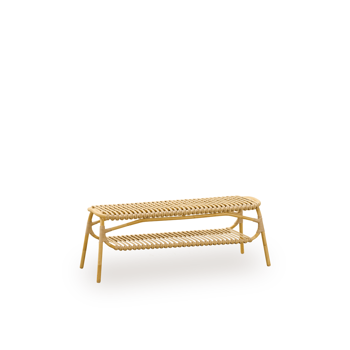Side view of Machiya outdoor bench designed by Jin Kuramoto. Aluminium frame in handpainted rattan look with ArtFibre windings. Length 120 cm.