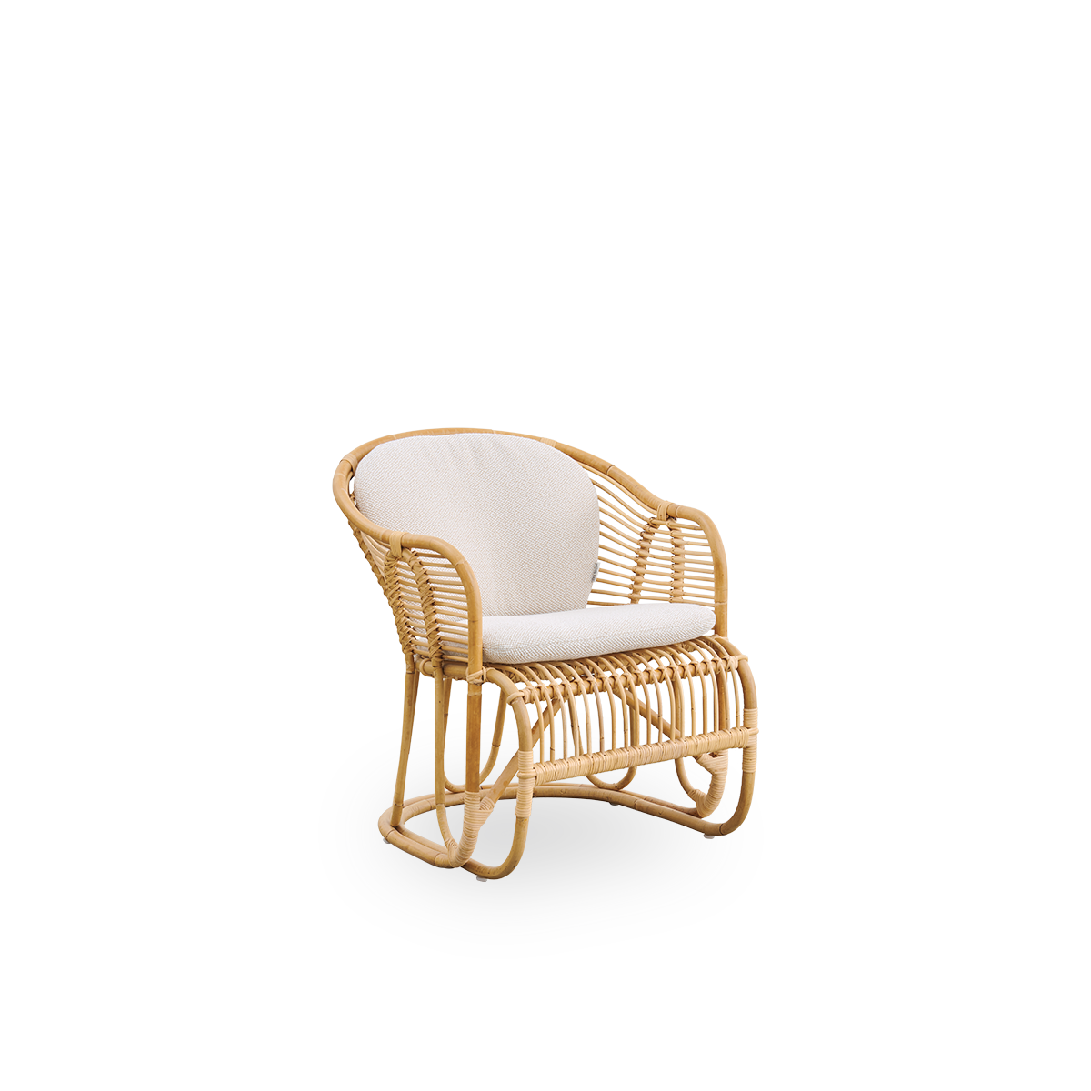 Side view of Swing lounge chair designed by Tove Kindt-Larsen. Handcrafted from high-quality Indonesian rattan and fitted with seat and back cushion.