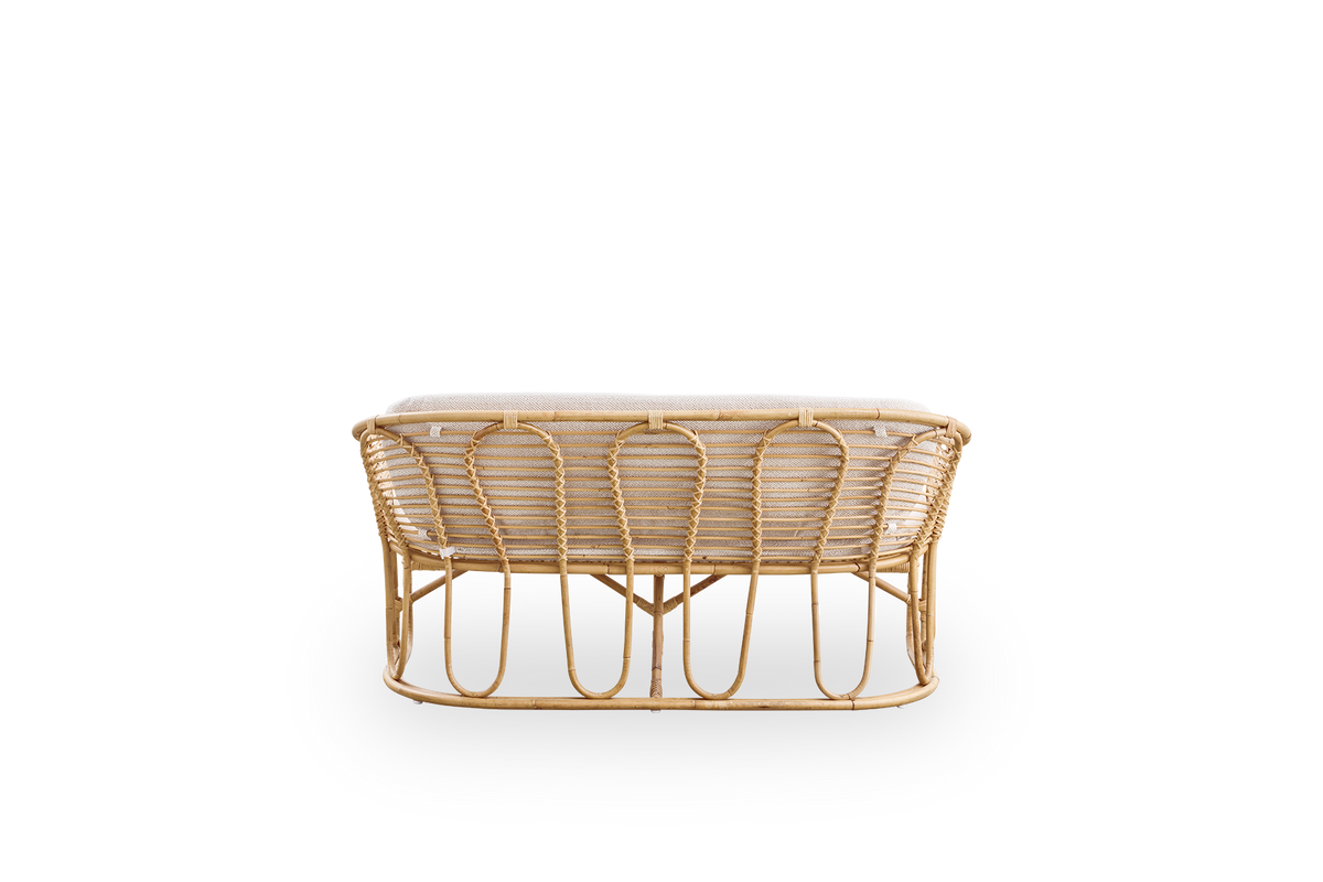 Plain back view of Swing 2-seater sofa designed by Tove Kindt-Larsen. Handcrafted from high-quality Indonesian rattan and fitted with seat and back cushion.