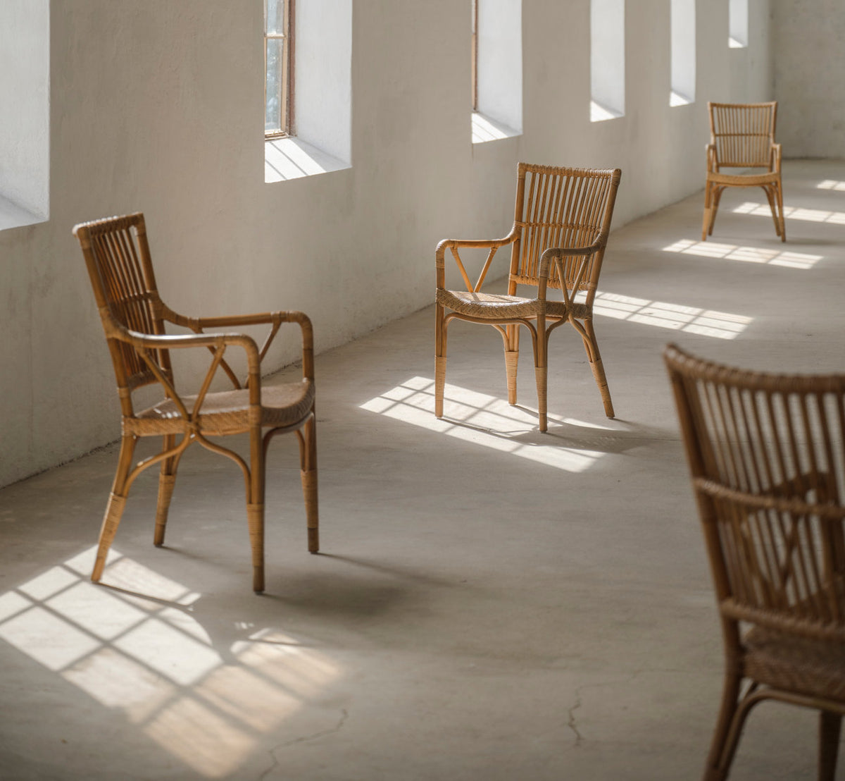 This is a lifestyle image of Piano Dining Chair in antique rattan. Chairs in a sunlit room with concrete floor.