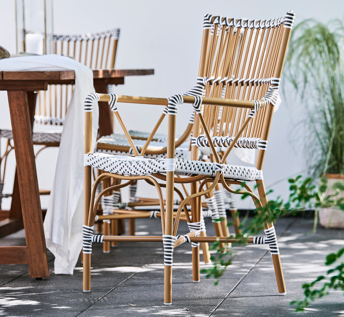 This is a lifestyle image of Monique Exterior Dining Armchair in white w cappuccino dot ArtFibre. On a sunny terrace with palms.