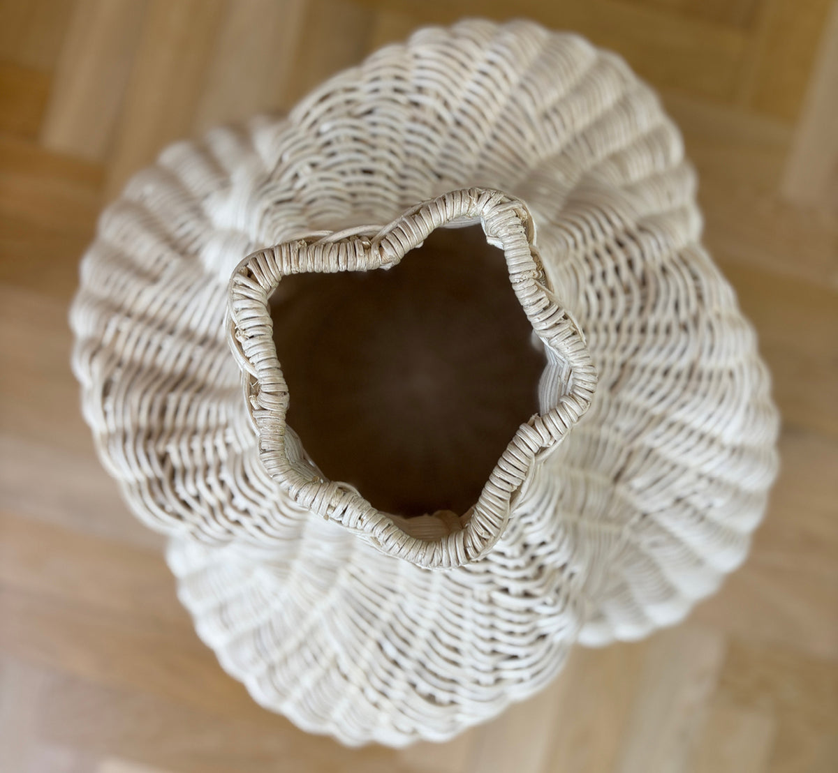 This is a lifestyle image of Solaris Basket Ø40 cm in natural core weave iron frame. Styled with dried flowers by a white door on parquet flooring.