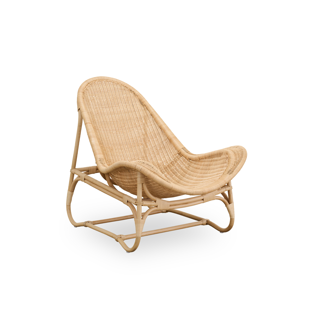 Side view of Pacifique lounge chair by Michel Buffet. Elegant design handcrafted in rattan with fully woven seat. 