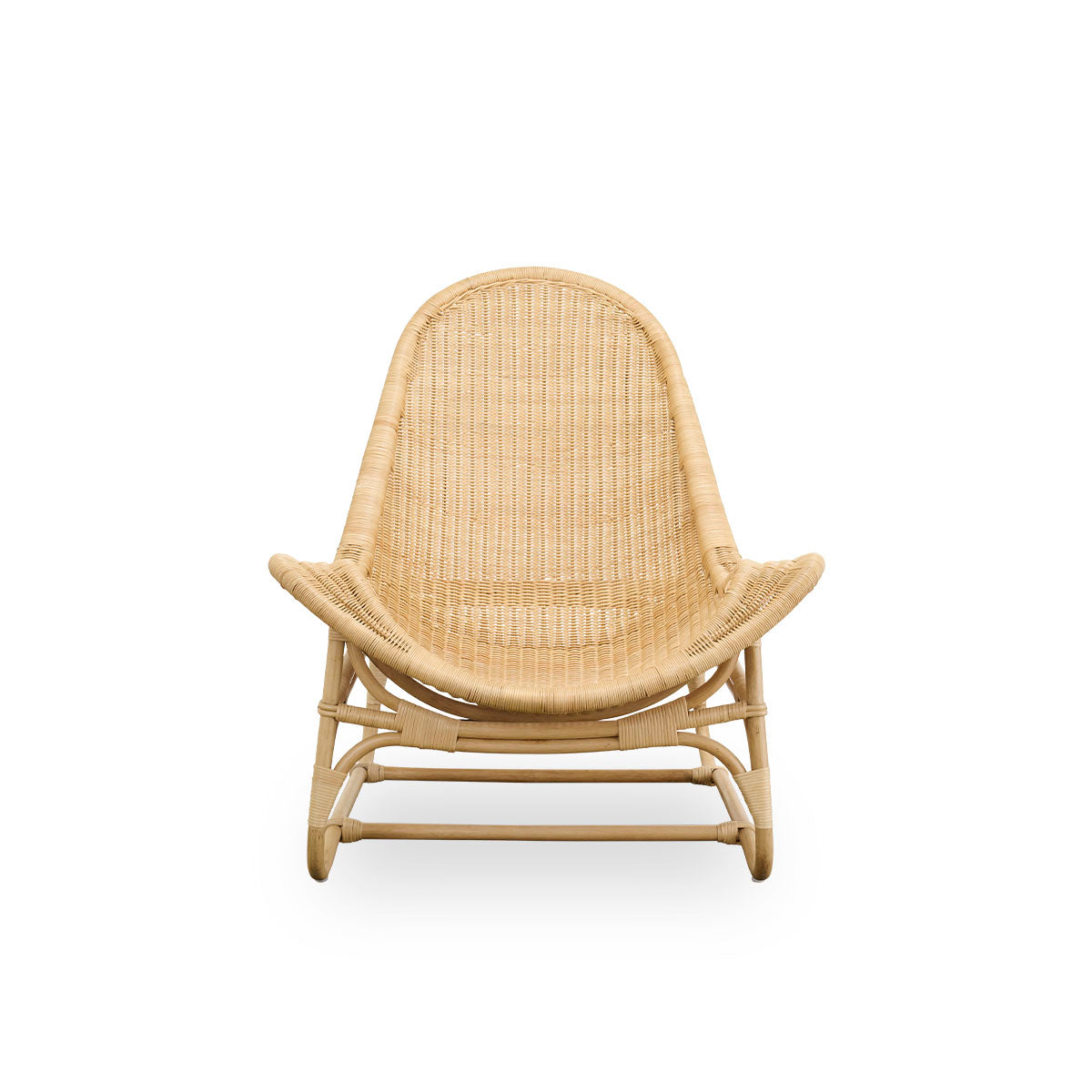 Front view of the Pacifique lounge chair by Michel Buffet.
Elegant design handcrafted in rattan with fully woven seat.