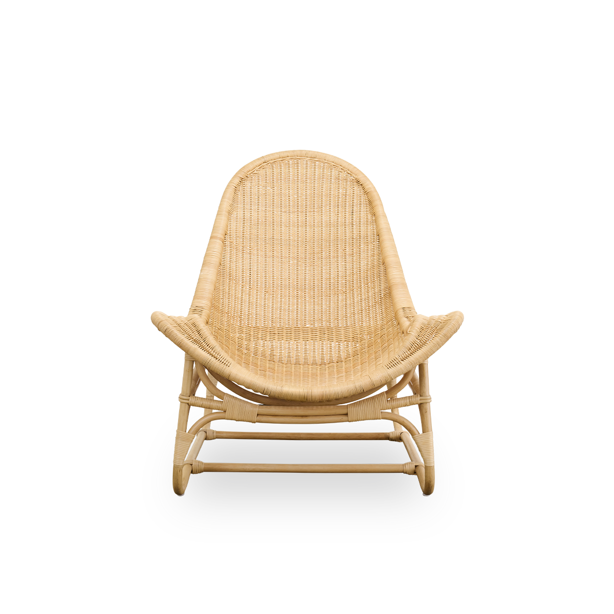Front view of the Pacifique lounge chair by Michel Buffet.
Elegant design handcrafted in rattan with fully woven seat.