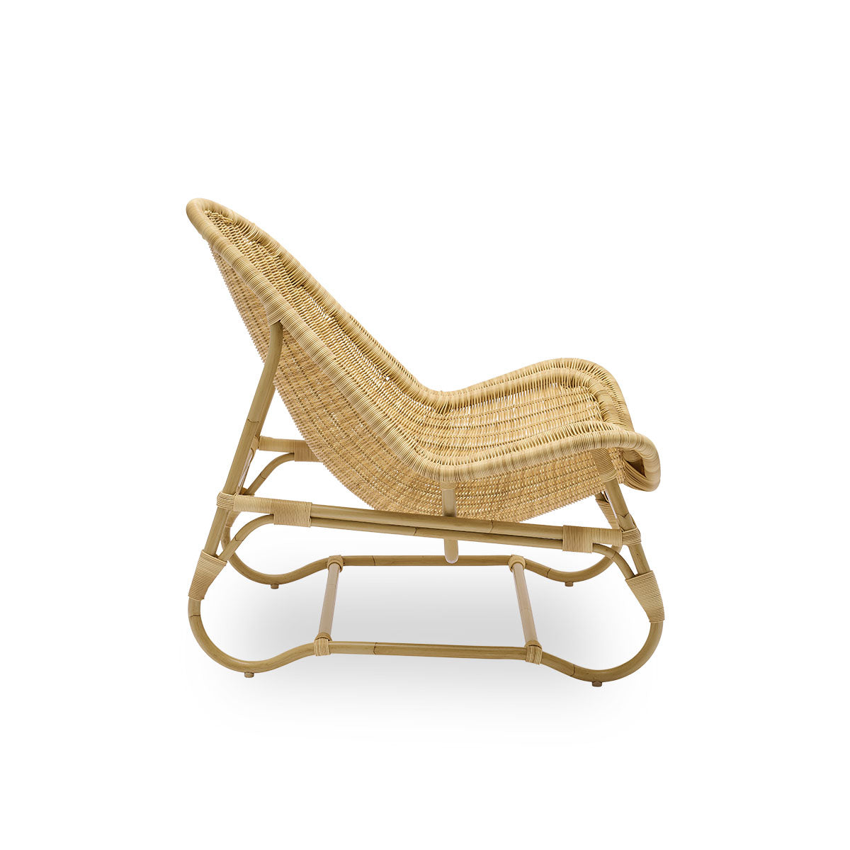 Plain side view of Pacifique Exterior lounge chair designed by Michel Buffet. Aluminium frame in rattan look with fully woven seat handcrafted in ArtFibre. 