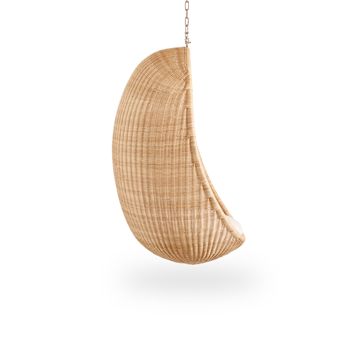 Plain side view of Hanging Egg, an iconic hammock chair designed by Nanna and Jørgen Ditzel. The round hanging chair is fully woven from high-quality Indonesian rattan and hangs in a metal chain.