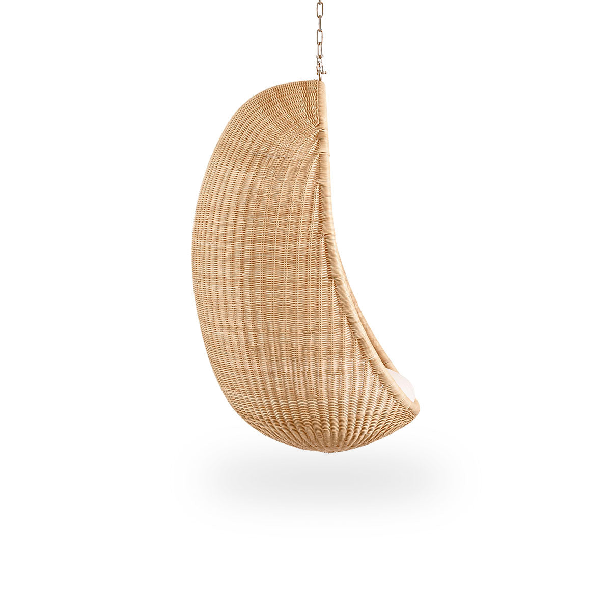 Plain side view of Hanging Egg, an iconic hammock chair designed by Nanna and Jørgen Ditzel. The round hanging chair is fully woven from high-quality Indonesian rattan and hangs in a metal chain.