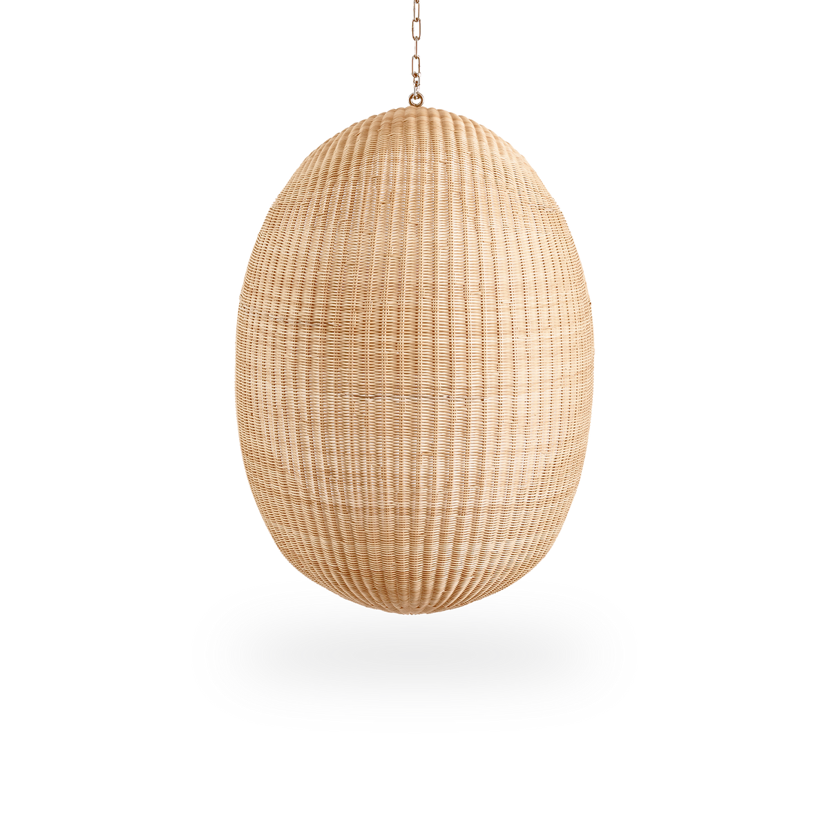 Plain back view of Hanging Egg, an iconic hammock chair designed by Nanna and Jørgen Ditzel. The round hanging chair is fully woven from high-quality Indonesian rattan and hangs in a metal chain.