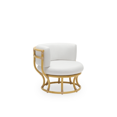 Side view of the Coco Exterior lounge chair in rattan look designed by Nanna Ditzel. The design is based on perfect circles, and has an aluminum frame with ArtFibre weave details.