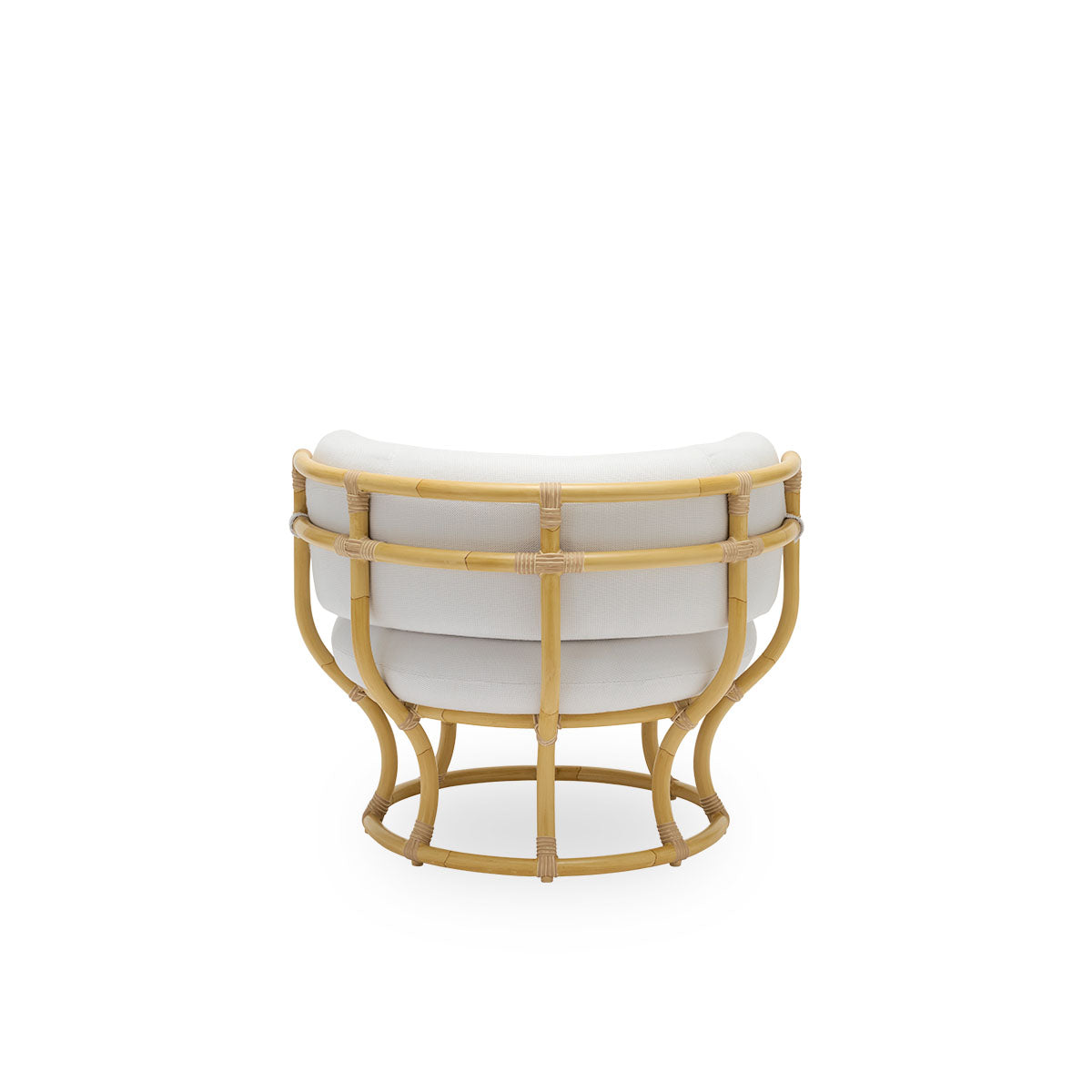 Plain back view of the Coco Exterior lounge chair in rattan look designed by Nanna Ditzel. The design is based on perfect circles, and has an aluminum frame with ArtFibre weave details.