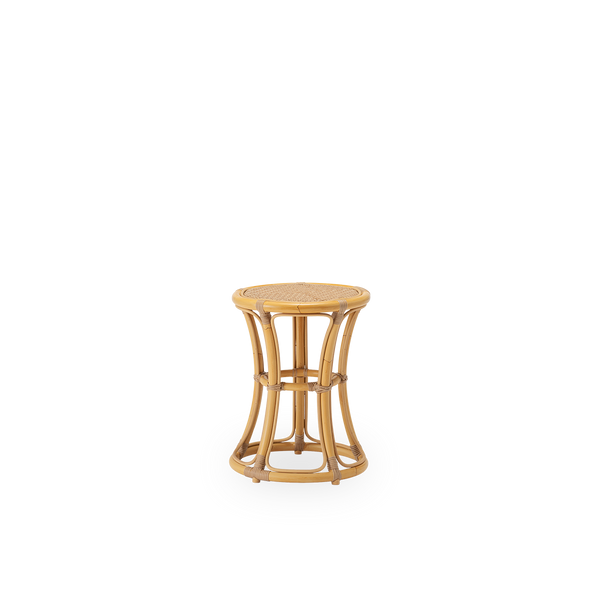 Side view of the Bella exterior stool, in natural aluminium and ArtFibre. Designed by Rasmus Andreasen, fourth generation of the Sika-Design family, it works equally well as extra seating, side table or plant stand.