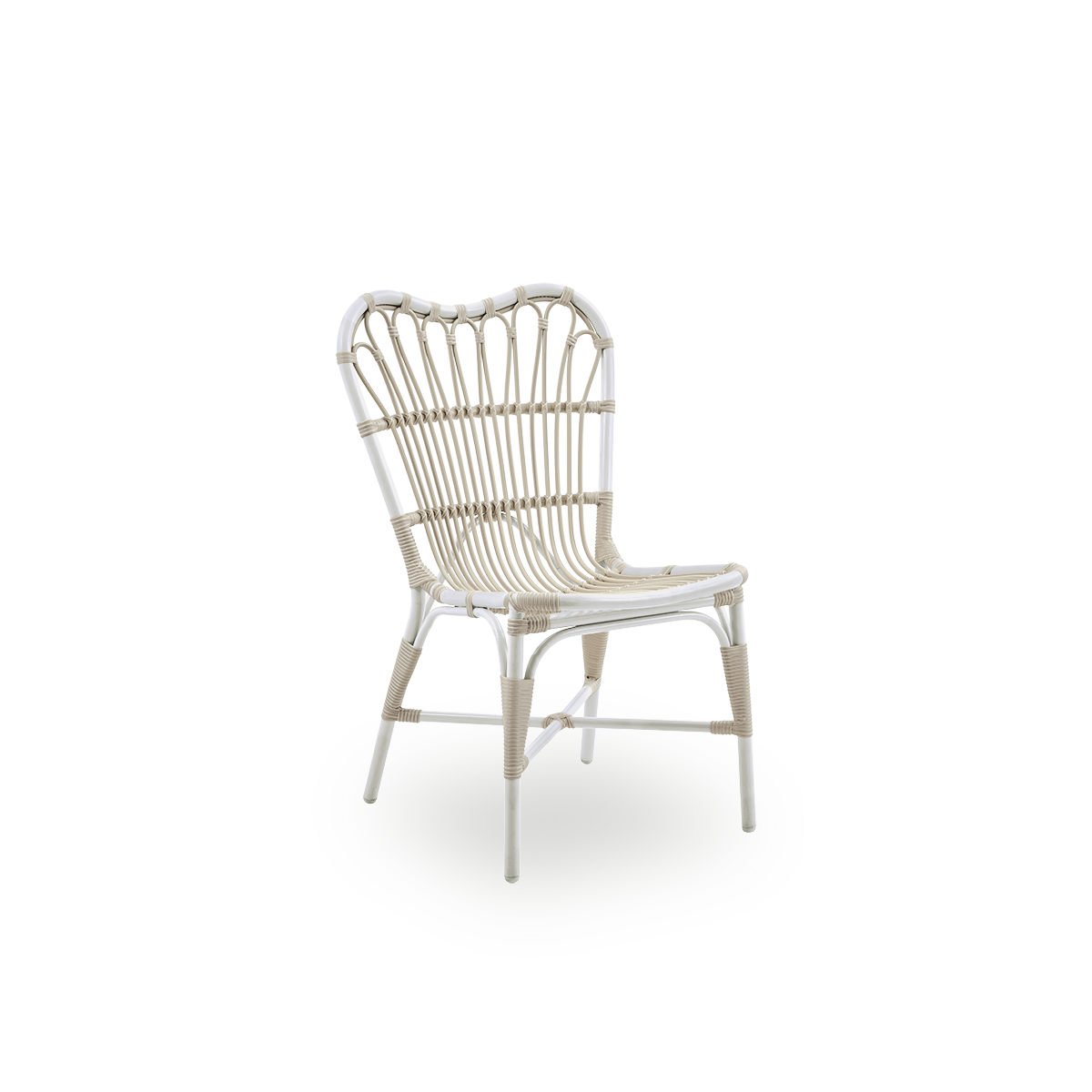 Side view of Margret outdoor dining chair with high wide backrest. Aluminium frame with ArtFibre windings in Dove White color.  