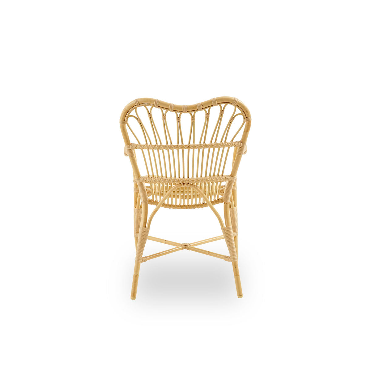 Plain back view of Margret outdoor dining chair with high wide backrest and curved armrests. Aluminium frame in natural rattan look with ArtFibre windings.