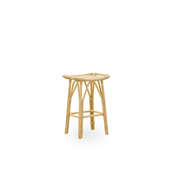 Side view of Salsa outdoor counterstool with footrest and curved seat. Aluminium frame in rattan look with ArtFibre bindings. Height 67 cm.