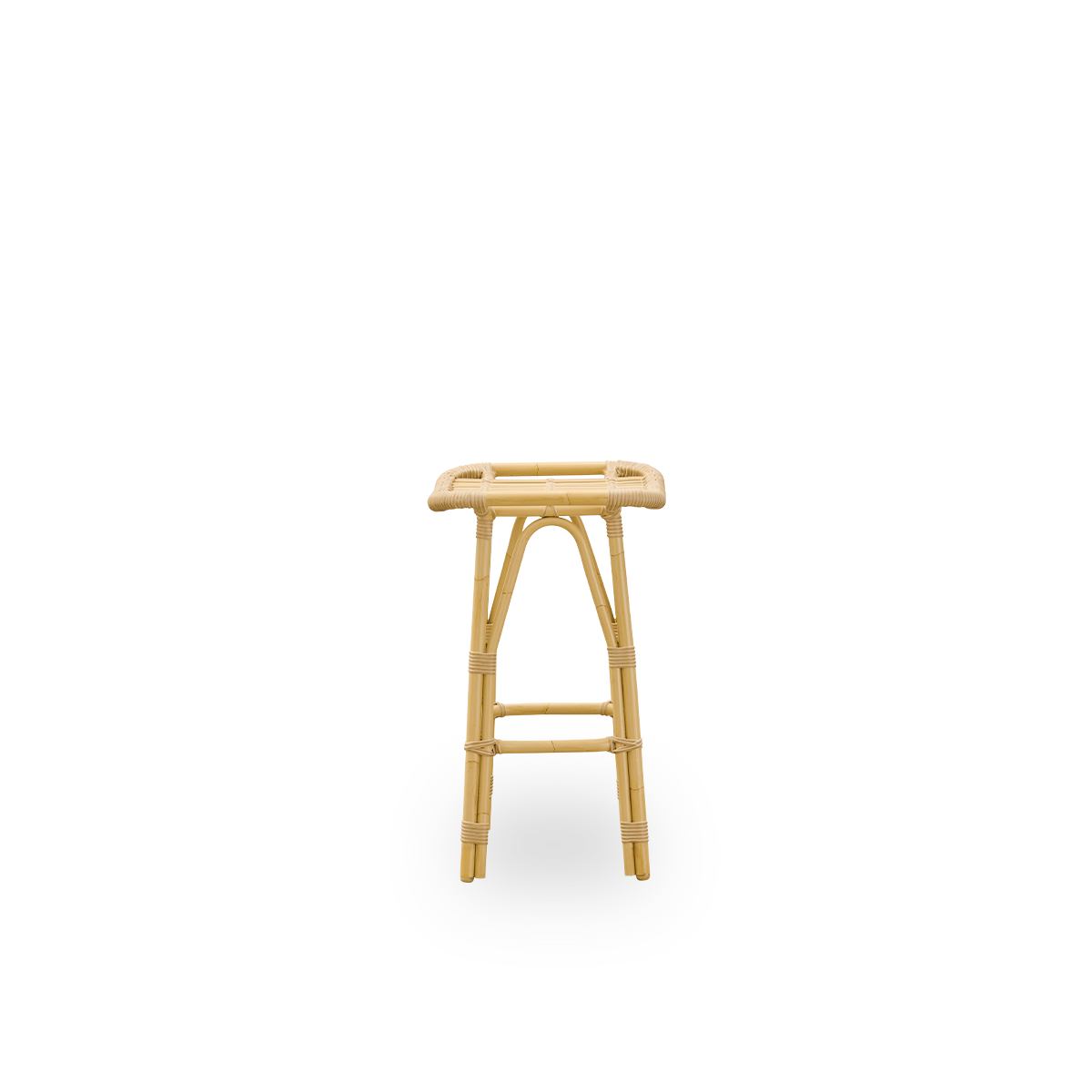 Plain side view of Salsa outdoor counterstool with footrest and curved seat. Aluminium frame in rattan look with ArtFibre bindings. Height 67 cm.