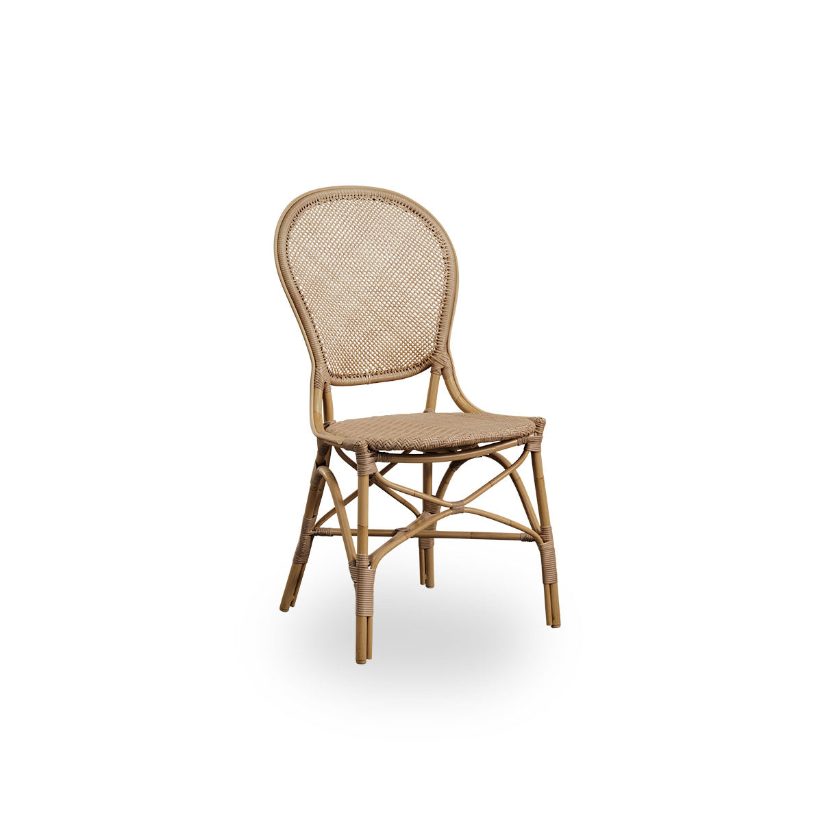 Side view of Rossini outdoor dining chair in Antique color. Elegant chair with round backrest in simple design. Aluminium frame in rattan look with woven ArtFibre seat and backrest.